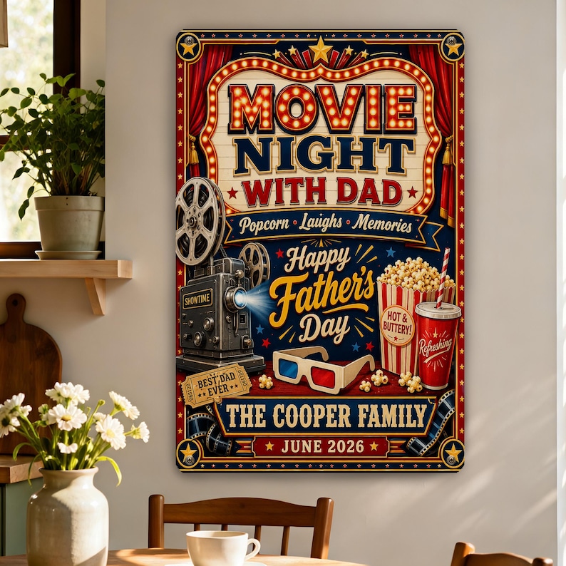 May include: A decorative sign with a movie night theme. The sign features the text "Movie Night With Dad" in a marquee style, along with a vintage film projector, popcorn, and 3D glasses. The sign also includes the text "Happy Father's Day" and "The Cooper Family June 2026".