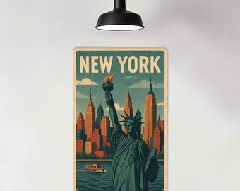 Vintage Reise Poster Metallschild, Freiheitsstatue Blechschilder, New York City Metall, Empire State Building Decor, East River Ferry, mehrere Größen