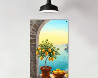 Amalfi Coast Lemon Tree Metal Sign,Sunny Coastal Tin Sign,Turquoise Mediterranean Sea Metal Sign,Impressionist Art Decor,Artistic Sign Gifts