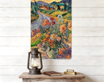 Blumenstrauß Metallschild, Van Gogh Stil Blechschild, Post-Impressionismus Kunst Metall, Kurvenreiche Straße Dekor, Berg Kulisse Schild, Wunderliche Landschaft