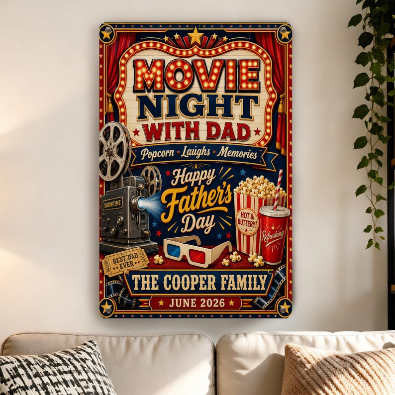 May include: A rectangular movie-themed wall art piece with a vintage design. The artwork features the text "MOVIE NIGHT WITH DAD" and "Happy Father's Day." It includes a film reel, a projector, popcorn, and 3D glasses. The Cooper Family, June 2026 is also displayed.