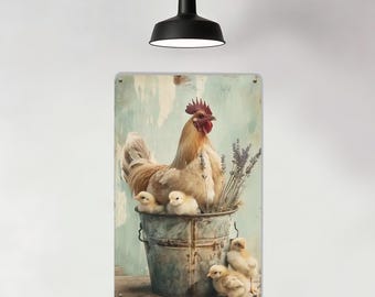 Hahn Metallschild, Baby Küken Blechschild, Farm Life Thema Metallschild, Metalleimer, mehrere Größen Schild, Pastoraler Stil Dekor, Lavendel Dekoration
