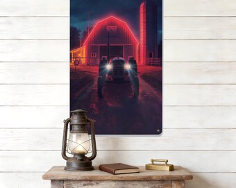 Neon rote Scheune Metallschild, Vintage Traktor Blechschilder, Bauernhof Silo Metallschild, ländliches ästhetisches Dekor, dramatische Beleuchtung, Nächtliche Bauernhof, Bauernhofdekor