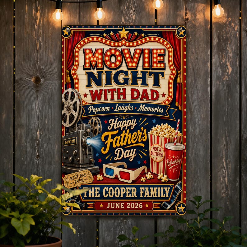 May include: A vintage-style sign for Father's Day, featuring a movie night theme. The sign includes text that reads "Movie Night With Dad," "Happy Father's Day," and "The Cooper Family June 2026." It also has images of popcorn, a film reel, and 3D glasses.
