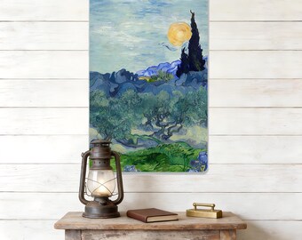 Cypress Baum Metallschild, Van Gogh Stil Blechschild, Post-Impressionismus Kunst Metall, Goldene Sonne Dekor, Wirbelnder Himmel Zeichen, Mehrere Größen, Olivenhainen