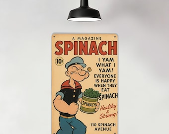Placa de metal do Popeye, placa de metal vintage de quadrinhos, placas de lata de espinafre, pôster decorativo americano, decoração para casa com estética saudável e forte, vários tamanhos.