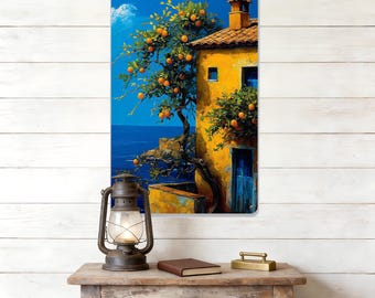 mediterranes Orangenbaum-Schild, gelbes Küstenhaus-Schild, tiefblaues Meer, sonniges Küstendekor, impressionistisches Schild, lebendiges Ölgemälde