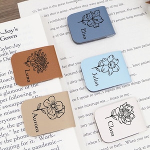 BirthFlower Custom Bookmark,Personalized Leather Magnetic Bookmark with Name,Engraved Book Lover Gift,Birthday Gift for Her,Reader Accessory