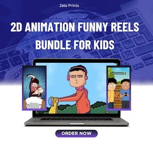 May include: A laptop displays animated cartoon reels. The screen shows three different cartoon scenes. The text on the screen reads "2D ANIMATION FUNNY REELS BUNDLE FOR KIDS" and "ORDER NOW". The background is a blue gradient with a keyboard.