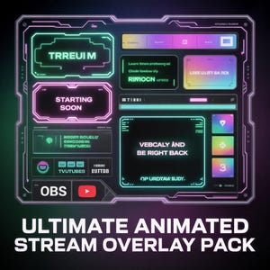 Animated Twitch Overlay Stream Pack | Holographic Twitch Panels + Emotes + Alerts + OBS Overlay | Iridescent Streamlabs Assets | Gaming Pack