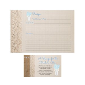 May include: Recipe cards with a vintage design. The main card has lines for ingredients and directions, with a lace border. A smaller card reads "A Recipe for the Bride to Be..." with instructions and a floral illustration.