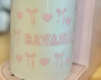 Personalized Girl Mug, Bows and Hearts, Custom Name 14oz
