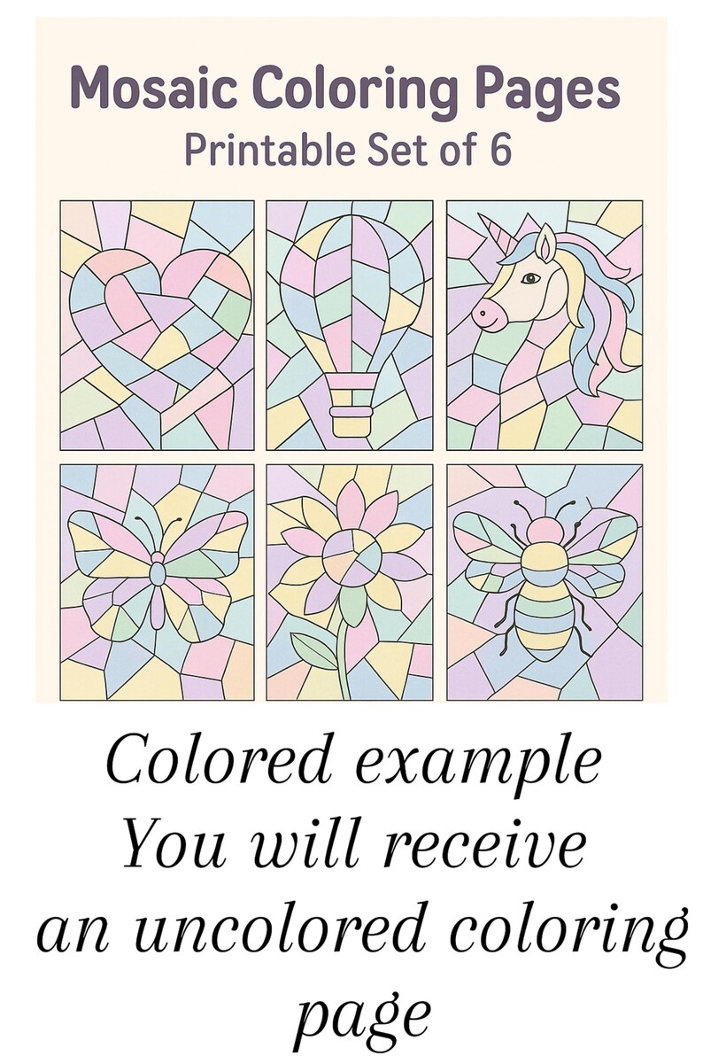 Mosaic Art Coloring Pages for Kids: Unicorn, Butterfly, Bee (PDF ...