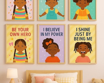 Láminas de empoderamiento de niñas negras: Conjunto de 6 frases motivacionales para niños (descarga digital, 8x10")