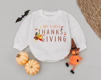 Handmade 'My First Thanksgiving' Baby Romper: Unisex Turkey Day Bodysuit
