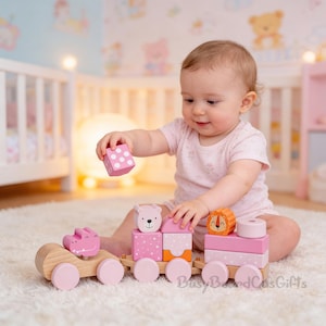 Tren de madera personalizado, regalo de bautizo, tren de bloques, tren de animales con enchufe, regalo de tren para el primer cumpleaños, regalos personalizados