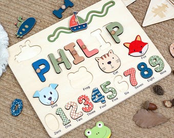Rompecabezas de nombre personalizado, rompecabezas de madera con nombre, rompecabezas de nombre con animales, juguetes educativos para niños pequeños, juguetes para niños, cumpleaños personalizados