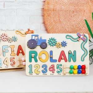 Preschool Educational Name Puzzle Gift for Boys & Girls, Custom Name Puzzle with Numbers and Geometry Shapes, Free Back Engraving Baby Gift
