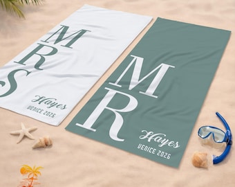 Mr. & Mrs. Beach Towel with Name Custom Wedding Gift for Couple, Bride and Groom Honeymoon Essential, Soft Microfiber Vacation Pool Towel