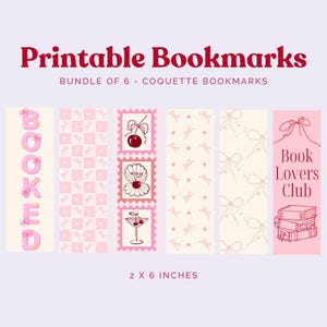 Set van 6 Coquette afdrukbare bladwijzers, schattige pastel, digitale download, leesgrage cadeaus voor boekenliefhebbers, zacht meisjestijdperk, roze strikken, romantiek, liefde