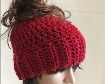 Messy Bun Hat Warm Plush softness Ponytail hat hand crochet by kams-store.com