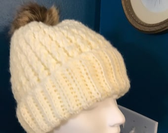 Crochet Beanie Hat: Dani Brim, Faux Fur Pompom, Cream Acrylic