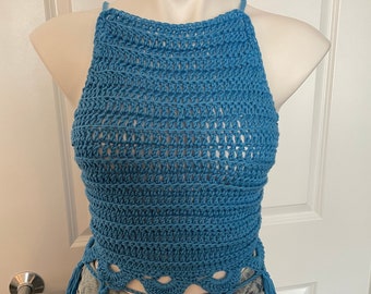 Stunning Sky Blue Sage Halter Top hand crochet by Kams-store.com