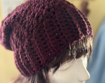 Maroon Crochet Slouchy Beanie Hat: Unisex Toasty Warm Knit