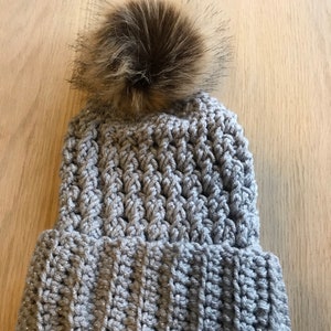 Beanie Hat A Crochet Dani Brimmed Beanie with removable Faux Fur Pompom crochet by kams-stores.com