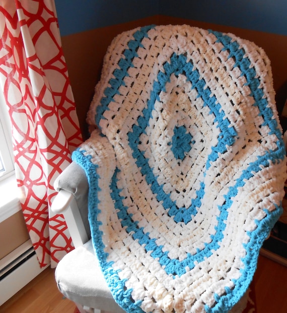 Crochet From the Middle Baby Blanket Blue White Cream Velvety Soft by Kams store Etsy