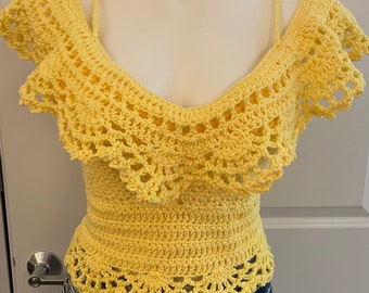 Summer Yellow Aurora  Crop Top  Exquisite lace over the shoulder sleeve Hand Crochet by Kams-store.com