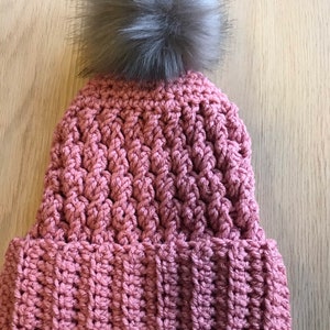Beanie Hat A Crochet Dani Brimmed Beanie with removable Faux Fur Pompom crochet by kams-stores.com
