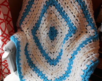 Crochet From the Middle Baby Blanket Blue White Cream Velvety Soft by Kams store Etsy