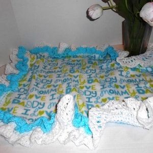 Fleece Baby Receiving Blankets with Pretty Crochet Ruffled edging kams-store.com