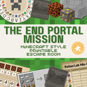 May include: A printable escape room game titled The End Portal Mission featuring Minecraft-inspired graphics. The design includes a circular alphabet cipher, square block icons, a medium difficulty badge, and a potion lab mix-up chart.