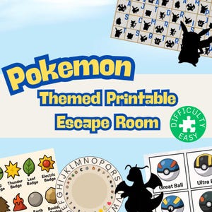 Puede incluir: Un juego de escape room imprimible con temática de Pokémon. El diseño incluye la palabra "Pokemon" en amarillo y azul, junto con varios elementos del juego, incluido un indicador de nivel de dificultad y una silueta de Pikachu.