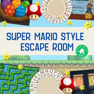 May include: A colorful illustration with a Super Mario theme. The image features a maze, a mushroom, stars, and the text "SUPER MARIO STYLE ESCAPE ROOM". There are also decorated eggs and a certificate.