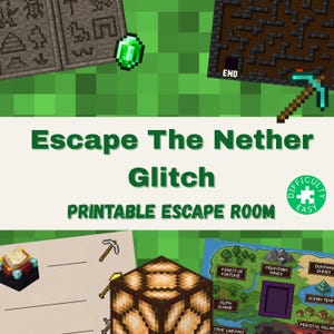 Könnte beinhalten: Ein druckbares Escape-Room-Spiel mit dem Titel Escape The Nether Glitch, das pixelige Grafiken zeigt, darunter einen grünen Smaragd, eine blaue Spitzhacke, einen leuchtenden Lichtblock, eine Karte mit verschiedenen Orten und ein Rätselblatt mit Symbolen.