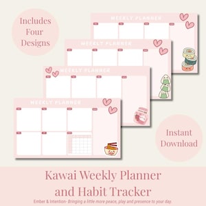 Kawaii Weekly Planner Printable with Habit Tracker Cute Food Themed Stationery Digital Download Productivity Organizer for Goal Tracking