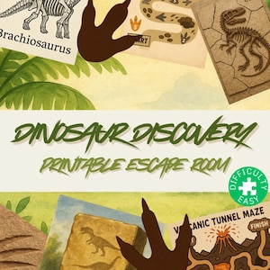 May include: A collection of dinosaur-themed printable escape room game elements. The design features illustrations of dinosaur fossils, footprints, and a volcano. The text "Dinosaur Discovery Printable Escape Room" is prominently displayed.