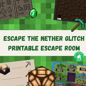 Może przedstawiać: Zielono-biała grafika z tekstem "ESCAPE THE NETHER GLITCH PRINTABLE ESCAPE ROOM". Obraz zawiera pikselowe grafiki labiryntu, kilofa i mapy z różnymi lokalizacjami. Poziom trudności oznaczony jest jako "EASY".