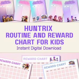 Może przedstawiać: Drukowane tabele nagród i listy kontrolne dla dzieci. Wykresy mają różowo-niebieskie gradientowe tło z postaciami z kreskówek. Tekst "HUNTRIX ROUTINE AND REWARD CHART FOR KIDS" jest wyświetlany na fioletowo.