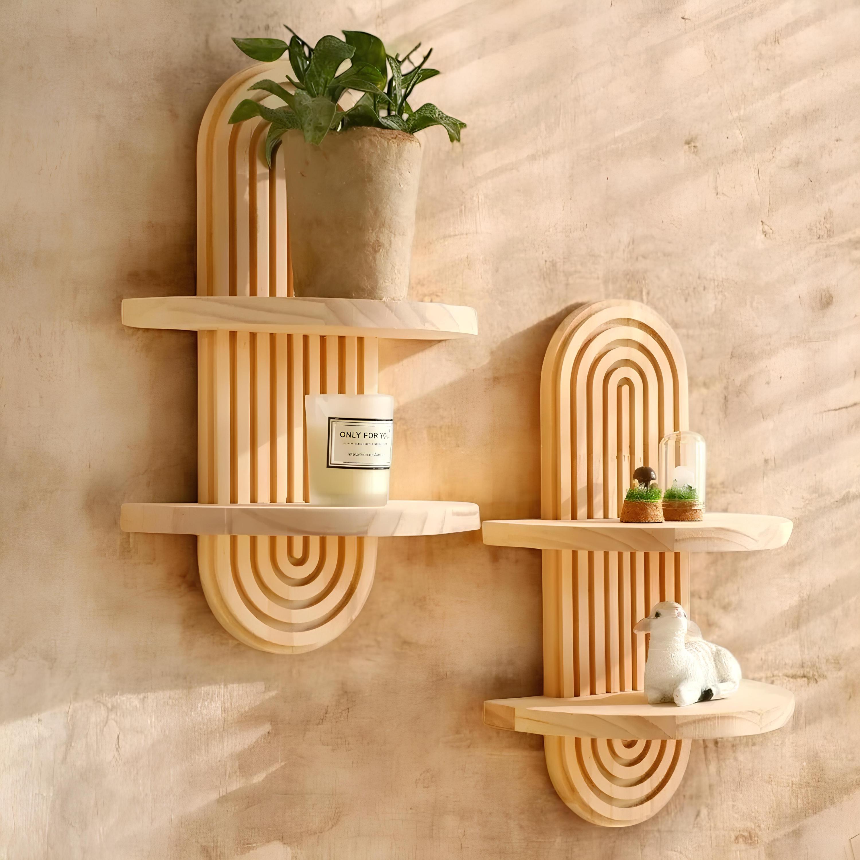 Handmade Boho Wooden Wall Shelf – Japandi Style Geometric Arch Shelf – Natural Wood Display for Plants, Candles or Home Decor