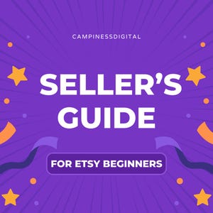 Könnte beinhalten: Eine lila Grafik mit dem Text "SELLER'S GUIDE" in großen weißen Buchstaben. Darunter, in einem lila Rechteck, steht "FOR ETSY BEGINNERS". Der Hintergrund hat ein radiales Design mit Sternen und Konfetti.