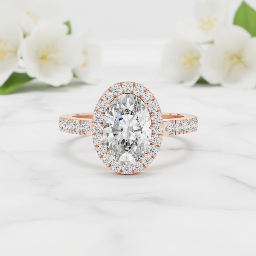 1.25ct Oval Lab Grown Diamond Engagement Ring 14K Gold Halo Solitaire ...
