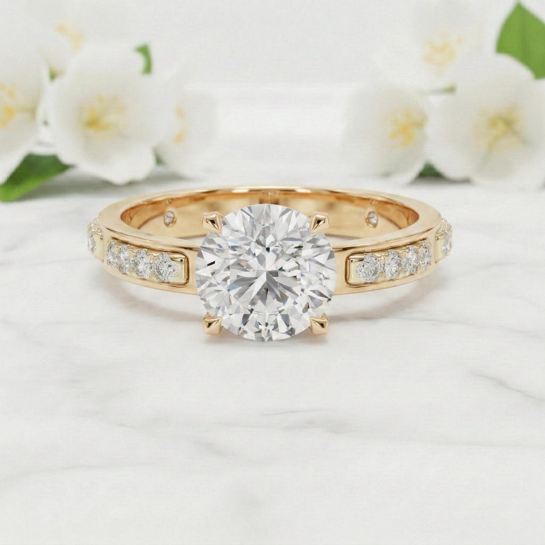 14k Gold Two Tone Engagement Ring, Round Cut Diamond Wedding Ring ...