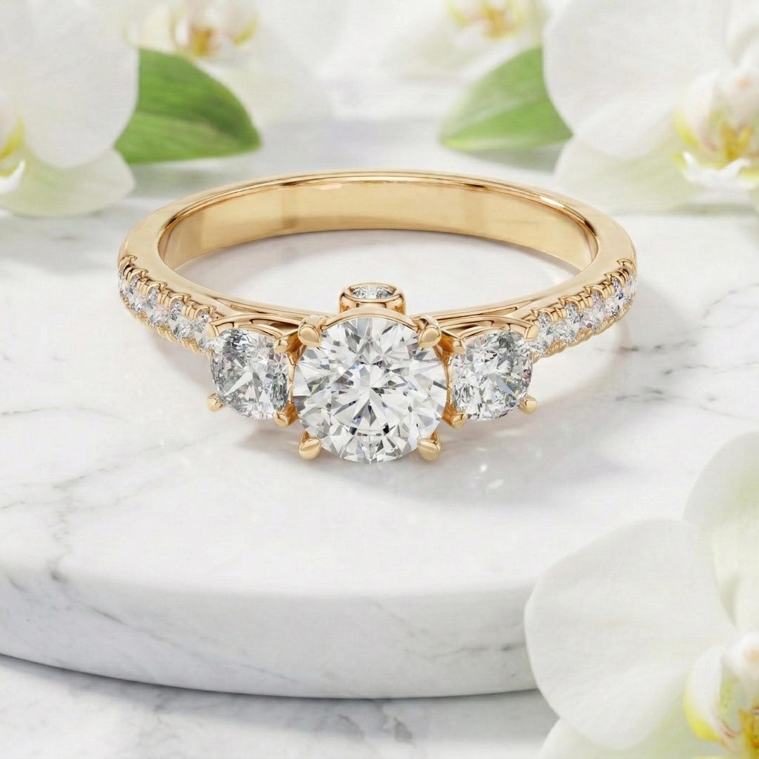 14K Yellow Gold Three Stone Engagement Ring , Round Cut Diamond Pavé ...