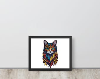 Colorful Cat Wall Art Poster | Framed Modern Cat Print | Vibrant Feline Decor for Living Room & Bedroom