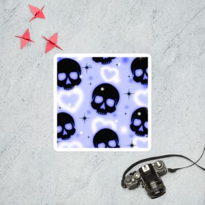 Blue Neon Skull Sticker: Vaporwave Gothic Decal