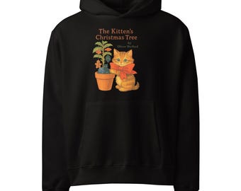 子猫のクリスマスツリーパーカー、かわいい猫のホリデースウェットシャツ、心地よい冬用プルオーバー。